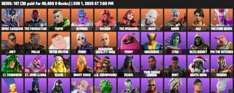 Fortnite account inventory for LVL 2466 - Spire Assassin - The Foundation - 167 Outfits
