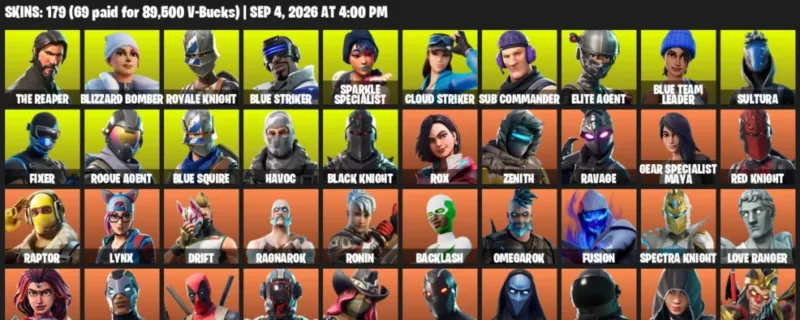 Fortnite account inventory for LVL 1636 - The Reaper - Blizzard Bomber - 179 Outfits