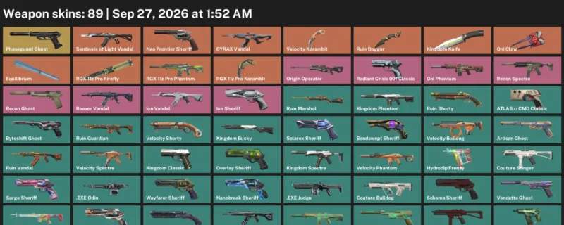 Valorant account inventory for LVL 348 · Kingdom Knife & RGX 11z Pro Karambit & Velocity Karambit