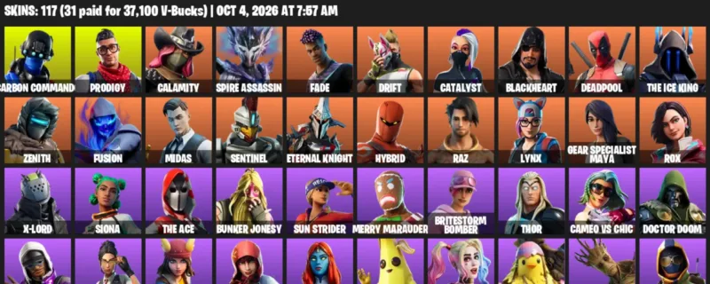 Fortnite account inventory for Carbon Commando - Prodigy - 117 Outfits