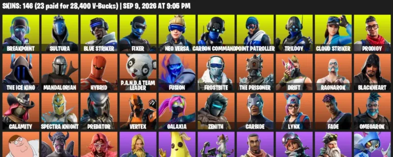 Fortnite account inventory for LVL 1500 - Breakpoint - Sultura - 146 Outfits