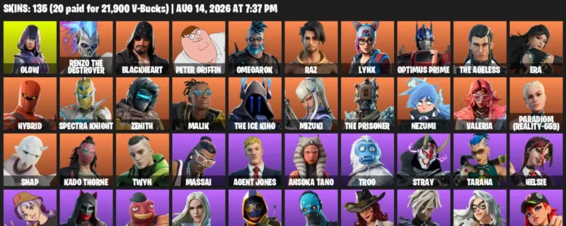 Fortnite account inventory for LVL 2614 - Glow - Renzo the Destroyer - 135 Outfits