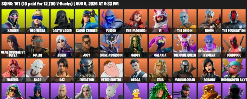 Fortnite account inventory for LVL 3330 - Xander - Neo Versa - 161 Outfits