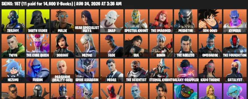 Fortnite account inventory for LVL 2178 - Trilogy - Darth Vader - 157 Outfits