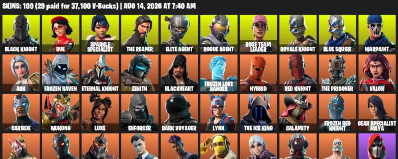 Fortnite account inventory for LVL 1435 - Black Knight - Rue - 109 Outfits