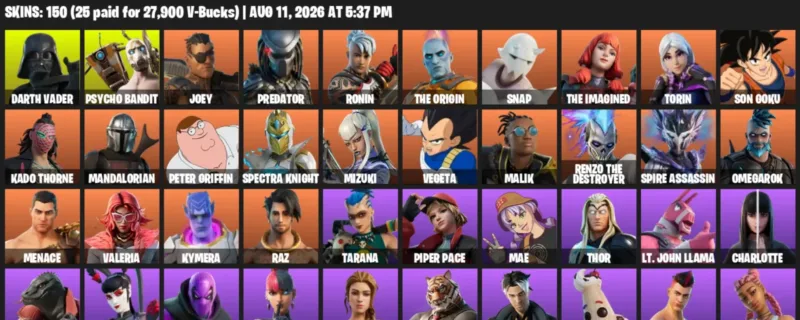 Fortnite account inventory for LVL 2971 - Darth Vader - Psycho Bandit - 150 Outfits