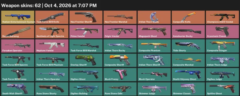 Valorant account inventory for LVL 177 · Composite Knife & Iridian Thorn Blade & Task Force 809 Knife