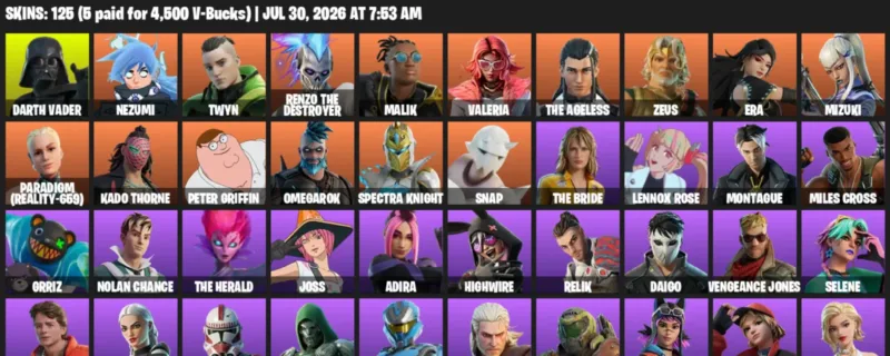 Fortnite Accounts listing: LVL 2973 - Darth Vader - Nezumi - 125 Outfits - 125 outfits