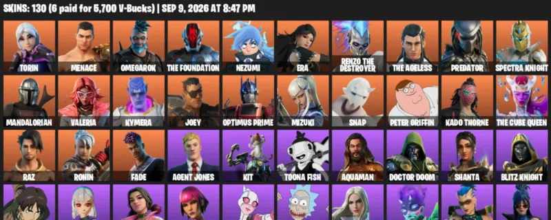 Fortnite account inventory for LVL 2184 - Torin - Menace - 130 Outfits