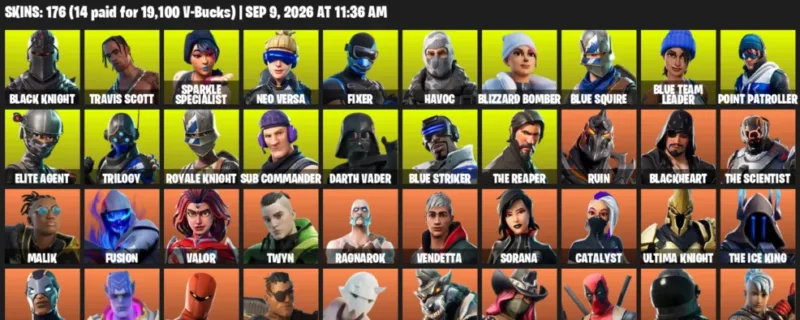 Fortnite account inventory for LVL 2425 - Black Knight - Travis Scott - 176 Outfits