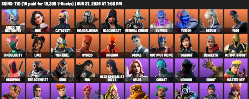 Fortnite account inventory for LVL 1871 - Renzo the Destroyer - Rox - 110 Outfits
