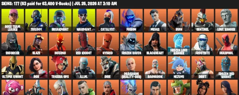 Fortnite Accounts listing: LVL 1832 - Rose Team Leader - Trilogy - 177 Outfits - 177 outfits