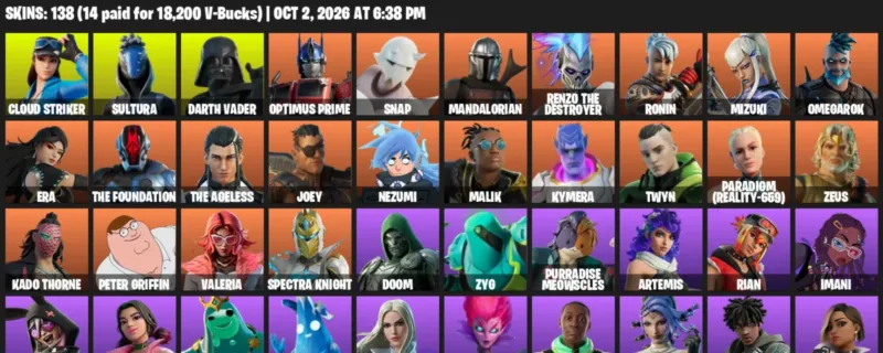 Fortnite account inventory for Cloud Striker - Sultura - 120 Outfits
