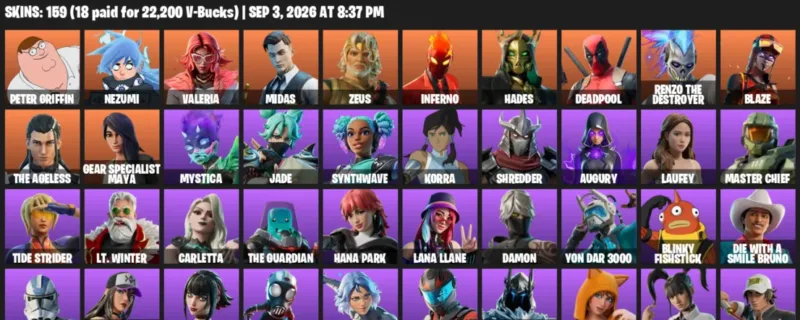 Fortnite account inventory for LVL 1663 - Peter Griffin - Nezumi - 159 Outfits