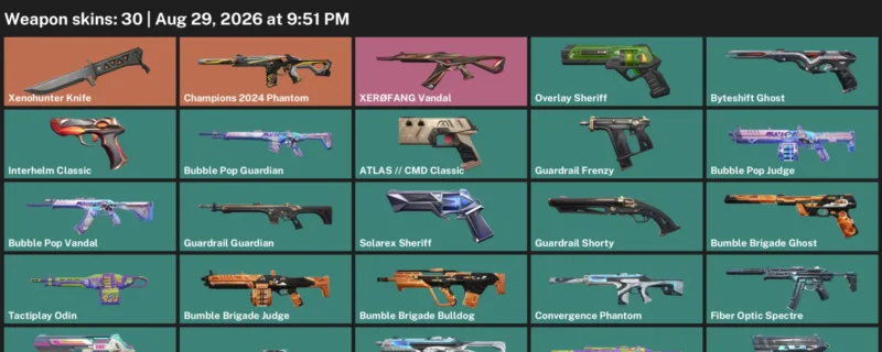 Valorant account inventory for LVL 129 · Xenohunter Knife & Bubble Pop Vandal