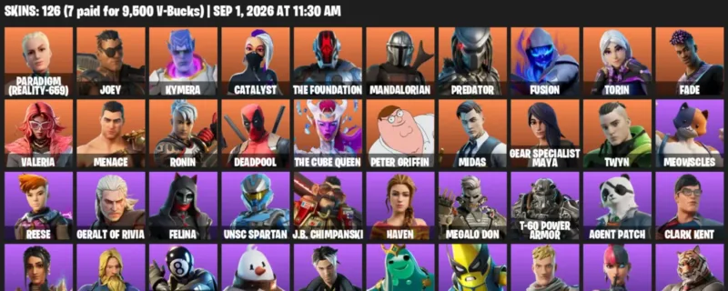 Fortnite account inventory for LVL 2254 - Paradigm (Reality-659) - Joey - 126 Outfits