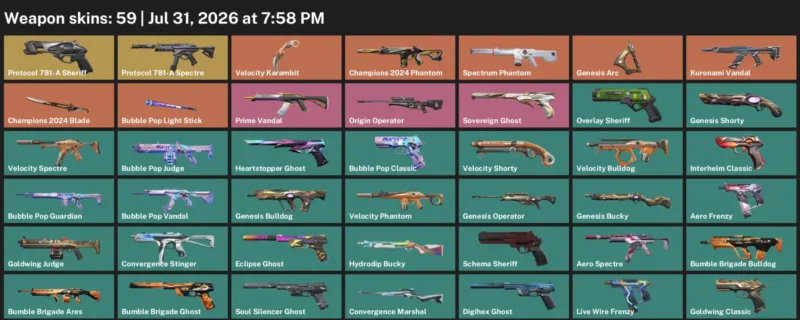 Valorant account inventory for LVL 249 · Velocity Karambit & Aero Phantom
