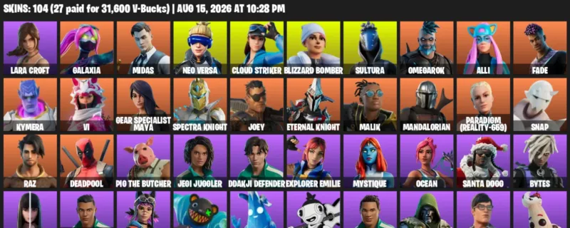 Fortnite account inventory for LVL 1924 - Lara Croft - Galaxia - 104 Outfits