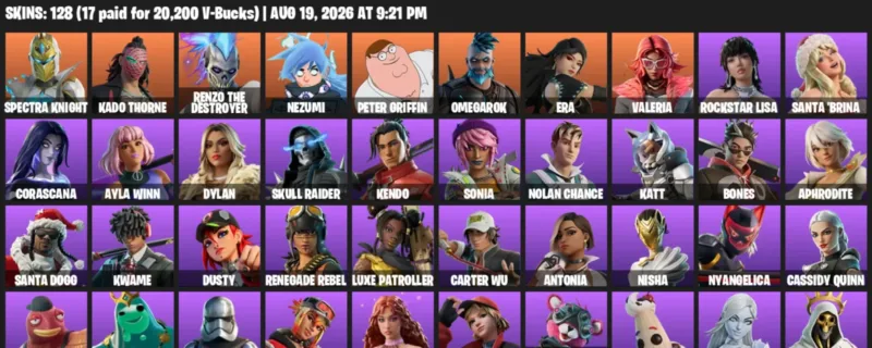 Fortnite account inventory for LVL 1005 - Spectra Knight - Kado Thorne - 128 Outfits