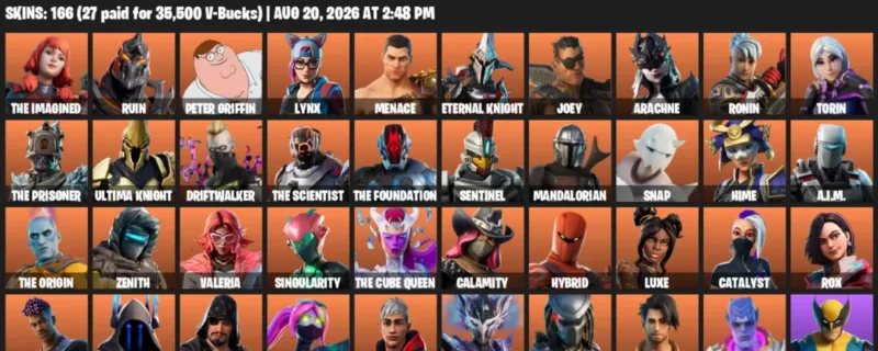 Fortnite account inventory for LVL 1701 - The Imagined - Ruin - 166 Outfits