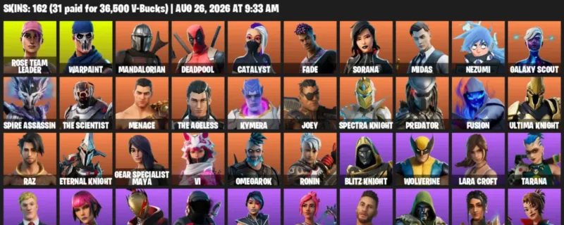 Fortnite account inventory for LVL 2311 - Rose Team Leader - Warpaint - 162 Outfits