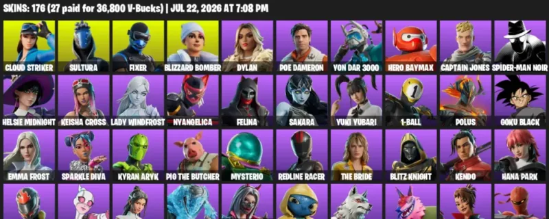Fortnite Accounts listing: LVL 1159 - Cloud Striker - Sultura - 176 Outfits - 176 outfits