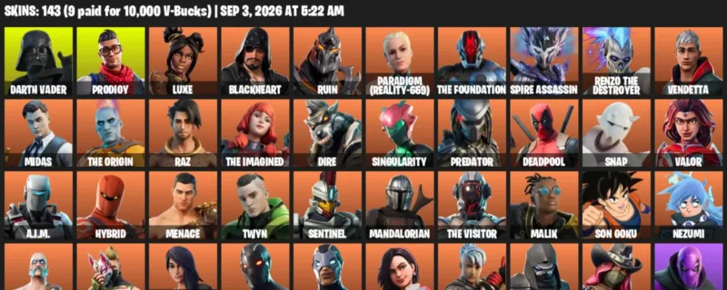 Fortnite account inventory for LVL 2416 - Darth Vader - Prodigy - 143 Outfits