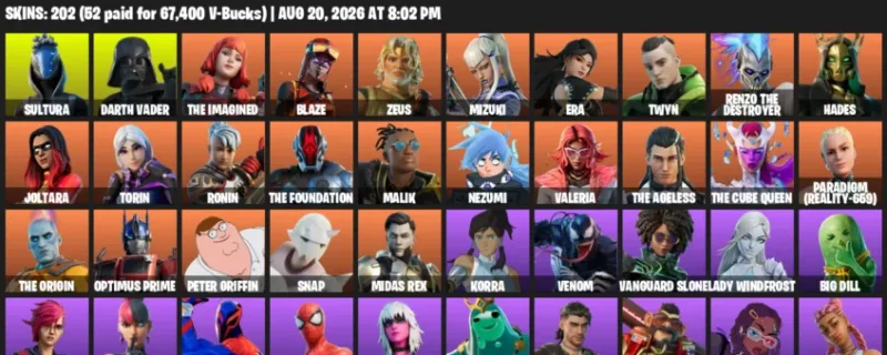 Fortnite account inventory for LVL 3917 - Sultura - Darth Vader - 202 Outfits
