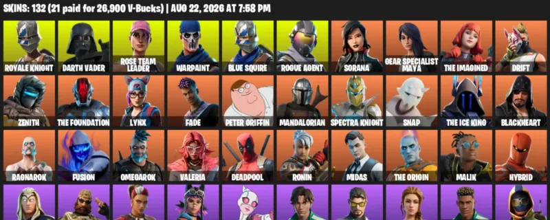 Fortnite account inventory for LVL 2097 - Royale Knight - Darth Vader - 132 Outfits