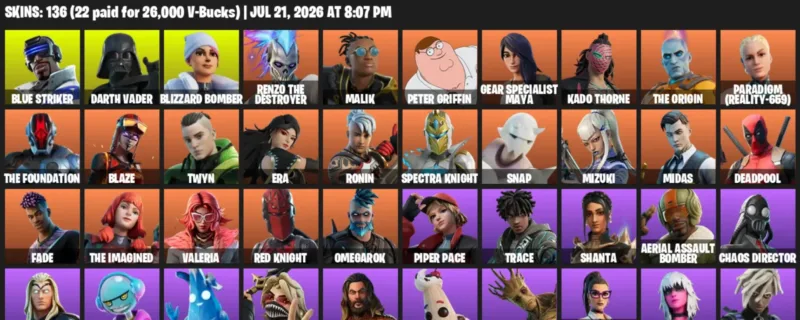 Fortnite Accounts listing: LVL 2159 - Blue Striker - Darth Vader - 136 Outfits - 136 outfits