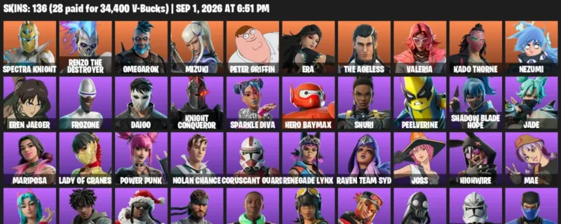 Fortnite account inventory for LVL 1378 - Spectra Knight - Renzo the Destroyer - 136 Outfits