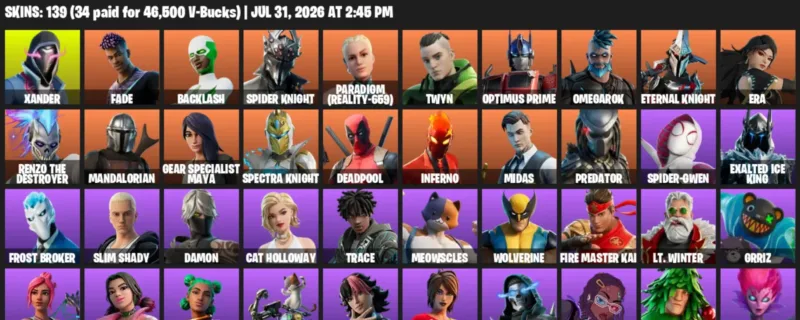 Fortnite account inventory for LVL 2083 - Xander - Fade - 139 Outfits