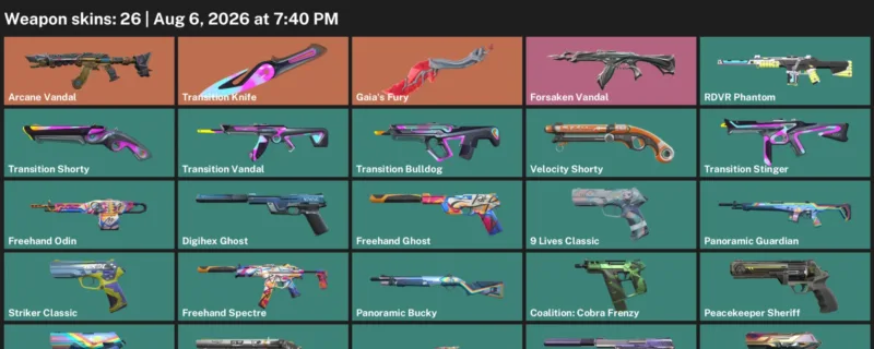Valorant account inventory for LVL 213 · Arcane Vandal & Transition Knife