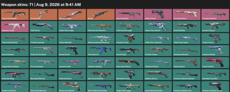 Valorant account inventory for LVL 112 · Ion Karambit & 9 Lives Phantom