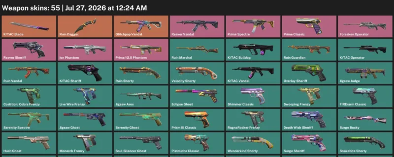 Valorant Accounts listing: LVL 237 · K/TAC Blade & Ruin Dagger · 55 Skins - Gold 2, 55 skins