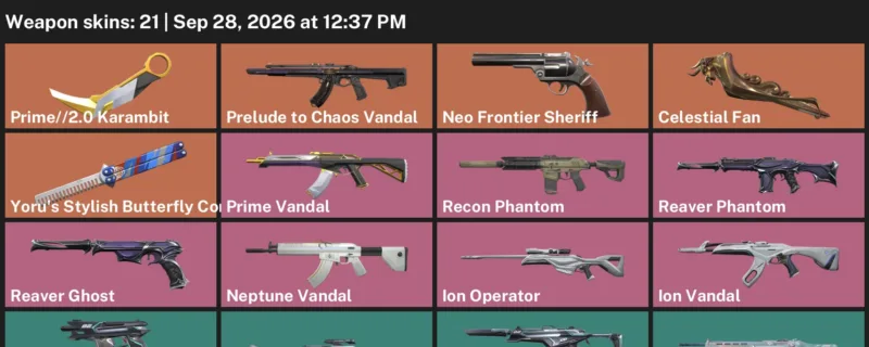 Valorant account inventory for LVL 54 · Celestial Fan & Prime & 2.0 Karambit