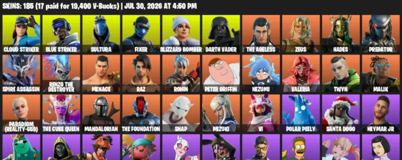 Fortnite Accounts listing: LVL 2837 - Cloud Striker - Blue Striker - 185 Outfits - 185 outfits
