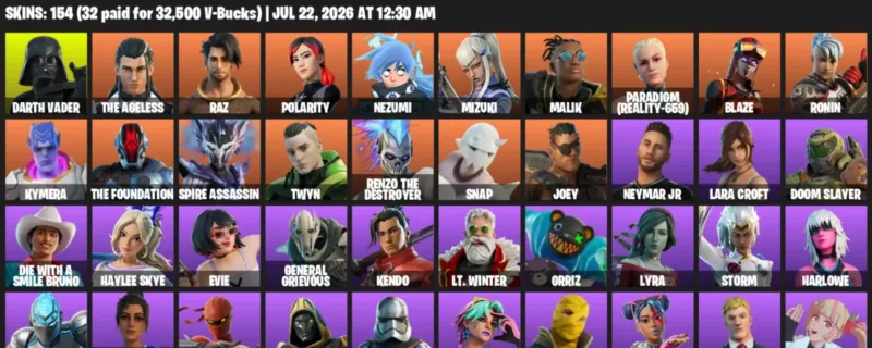 Fortnite Accounts listing: LVL 3043 - Darth Vader - The Ageless - 154 Outfits - 154 outfits
