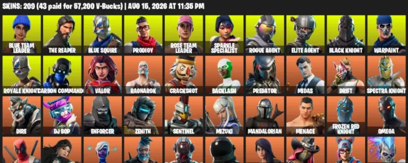 Fortnite account inventory for LVL 4687 - Blue Team Leader - The Reaper - 209 Outfits