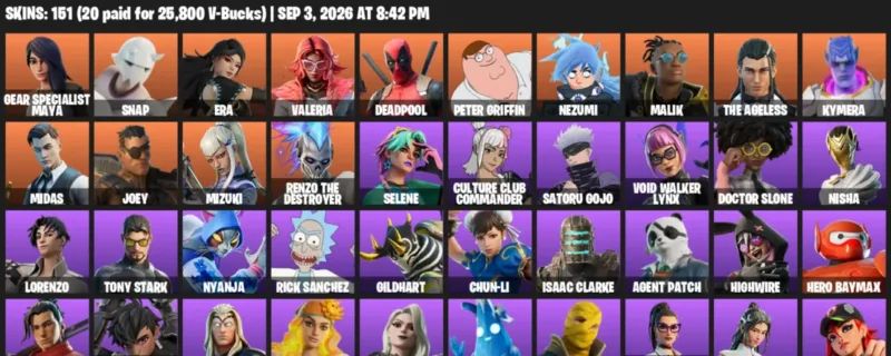 Fortnite account inventory for LVL 1976 - Gear Specialist Maya - Snap - 151 Outfits