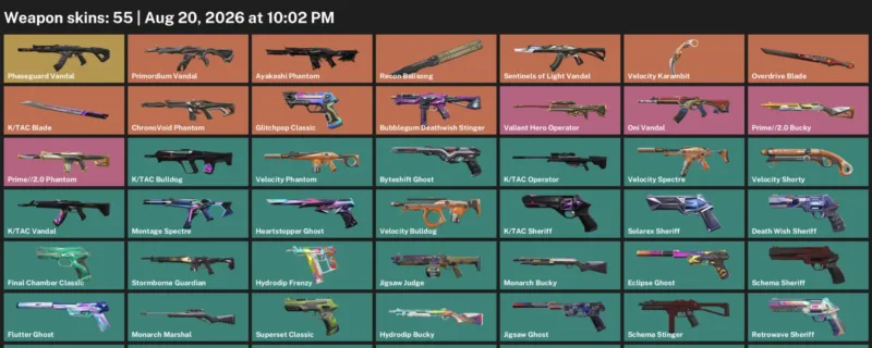Valorant account inventory for LVL 222 · Velocity Karambit & Overdrive Blade