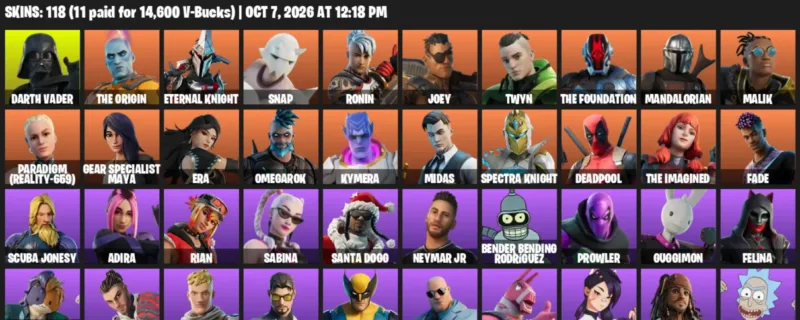 Fortnite account inventory for Darth Vader - The Origin - 118 Outfits