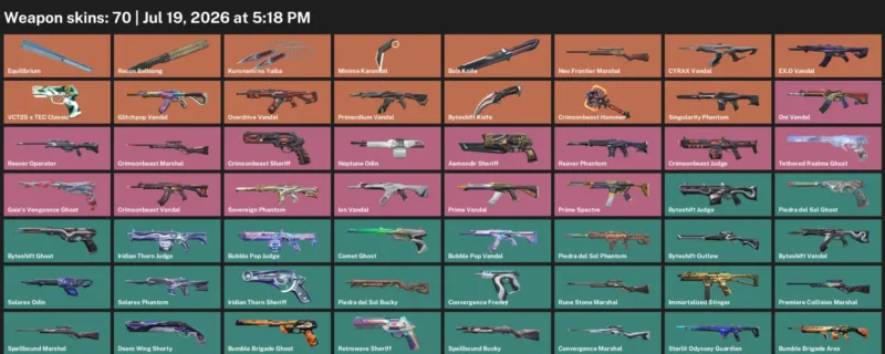 Valorant Accounts listing: LVL 85 · Bolt Knife & Byteshift Knife · 70 Skins - Platinum 3, 70 skins