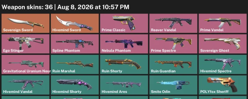 Valorant account inventory for LVL 44 · Galleria Phantom & Sovereign Sword