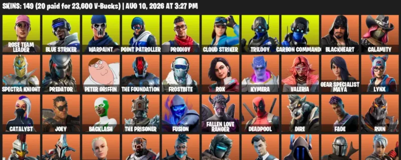 Fortnite account inventory for LVL 2192 - Rose Team Leader - Blue Striker - 149 Outfits