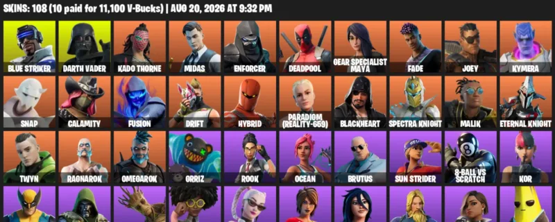 Fortnite account inventory for LVL 2321 - Blue Striker - Darth Vader - 108 Outfits