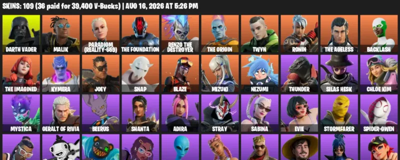 Fortnite account inventory for LVL 2258 - Darth Vader - Malik - 109 Outfits