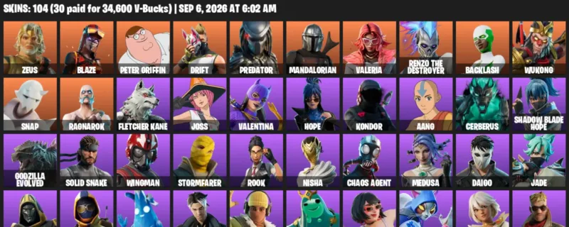 Fortnite account inventory for LVL 2027 - Zeus - Blaze - 104 Outfits