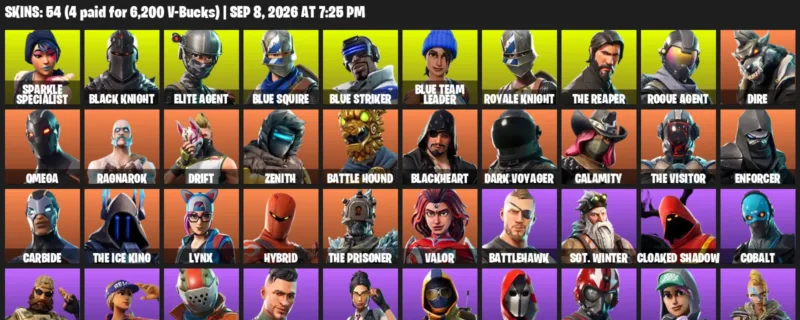Fortnite account inventory for LVL 796 - Sparkle Specialist - Black Knight - 54 Outfits