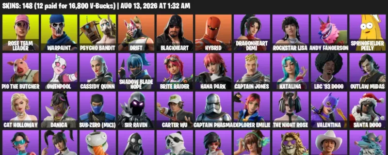 Fortnite account inventory for LVL 2058 - Rose Team Leader - Warpaint - 148 Outfits